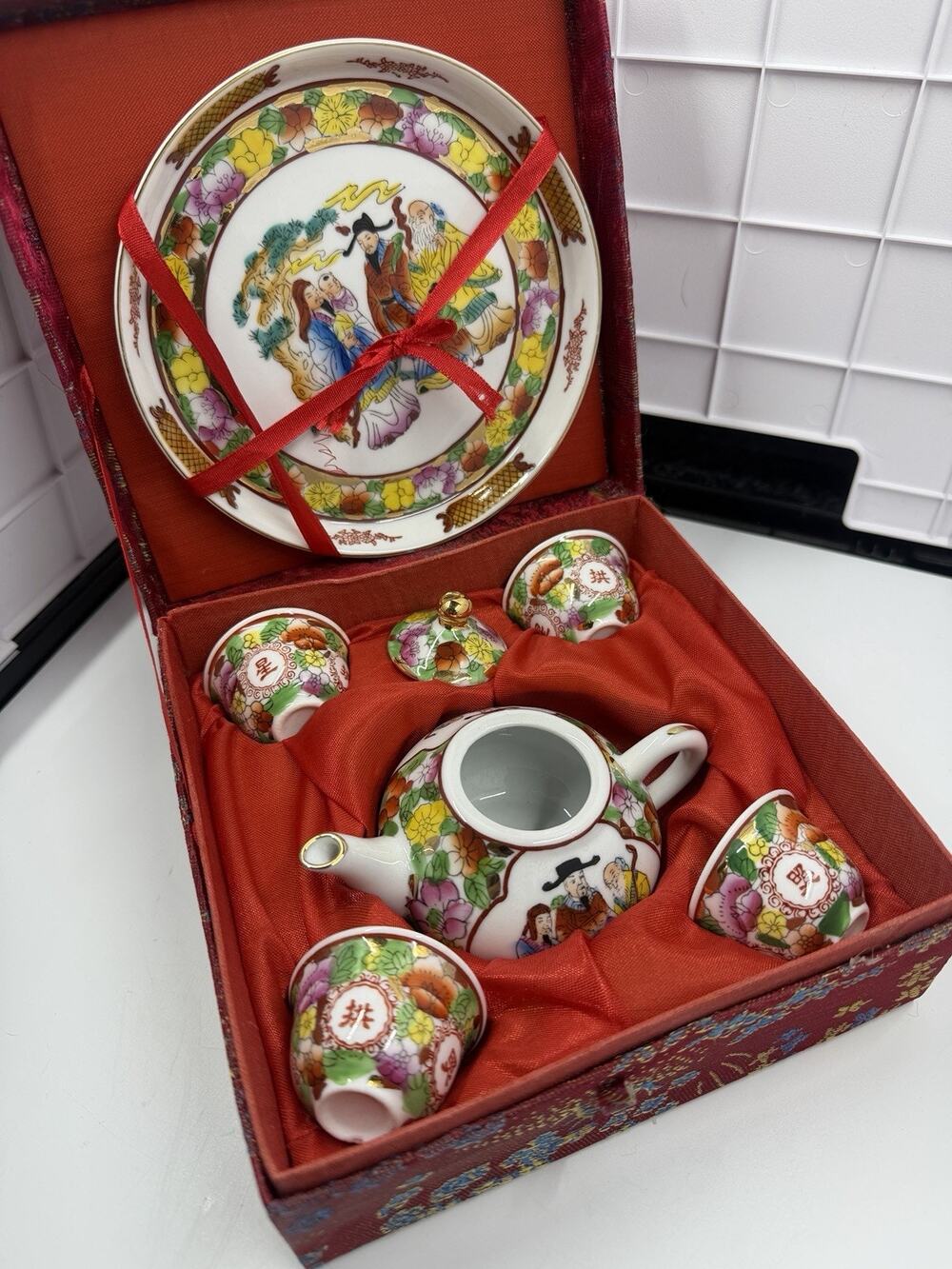 Vintage Miniature China Tea Set With Colorful Kimonos & Flowers In Red Silk Box